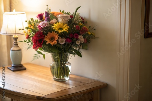 Fresh flower bouquet on a wooden table near a soft-lit wall, space for text (Bouquet)