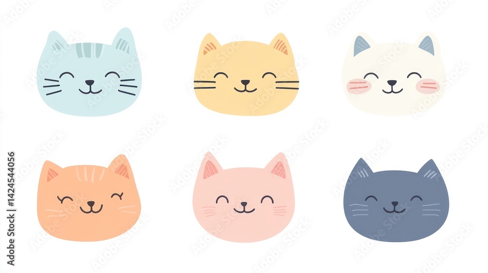 Six cute pastel cat faces, illustration, white background, children's design Six cute pastel cat faces, illustration, white background, children's design