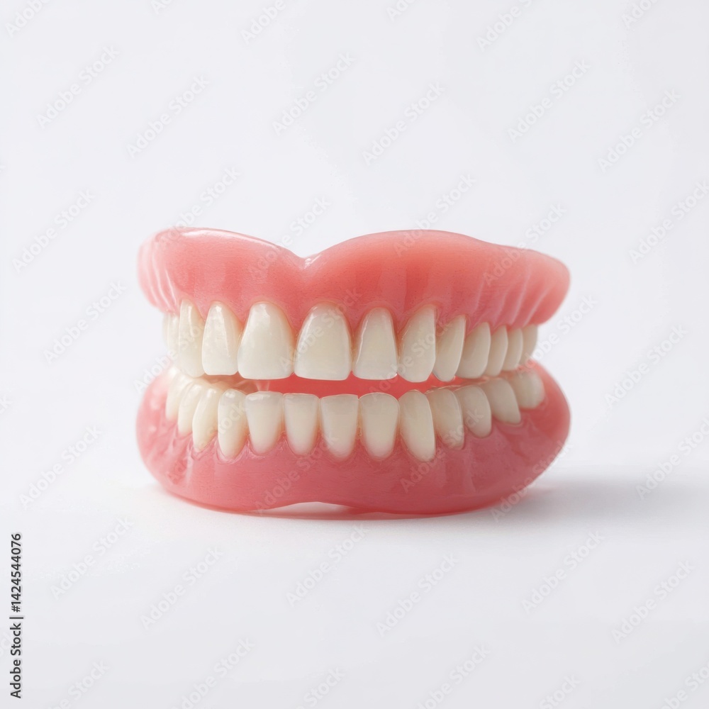 Complete set of dentures displayed on white background Complete set of dentures displayed on white background