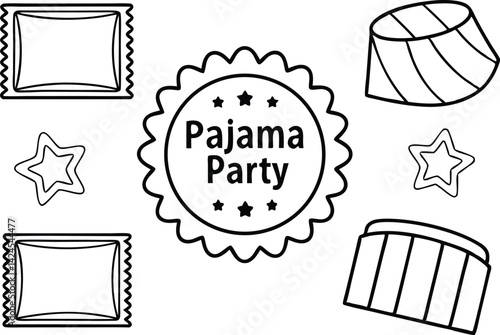 Monochrome Outlines Pajama Party Graphic, Star, Sleep Mask, Nightgown, Isolated on White