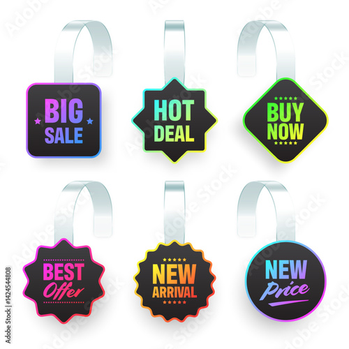 Colorful neon supermarket promotional wobblers. Realistic wobbler template for shelf advertising. Sale or discount label with ad text. Special offer price tag. Vector illustration