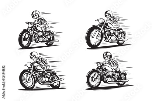 Skeleton Biker Clipart Set Vintage Skull Motorcycle Rider Illustration