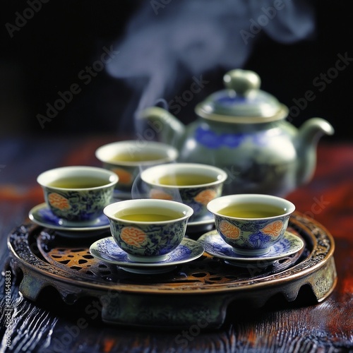 Traditional Chinese Tea Set with Steaming Cups on Decorative Tray