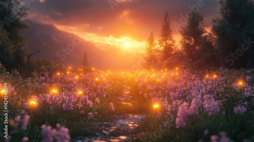 Sunset garden scene