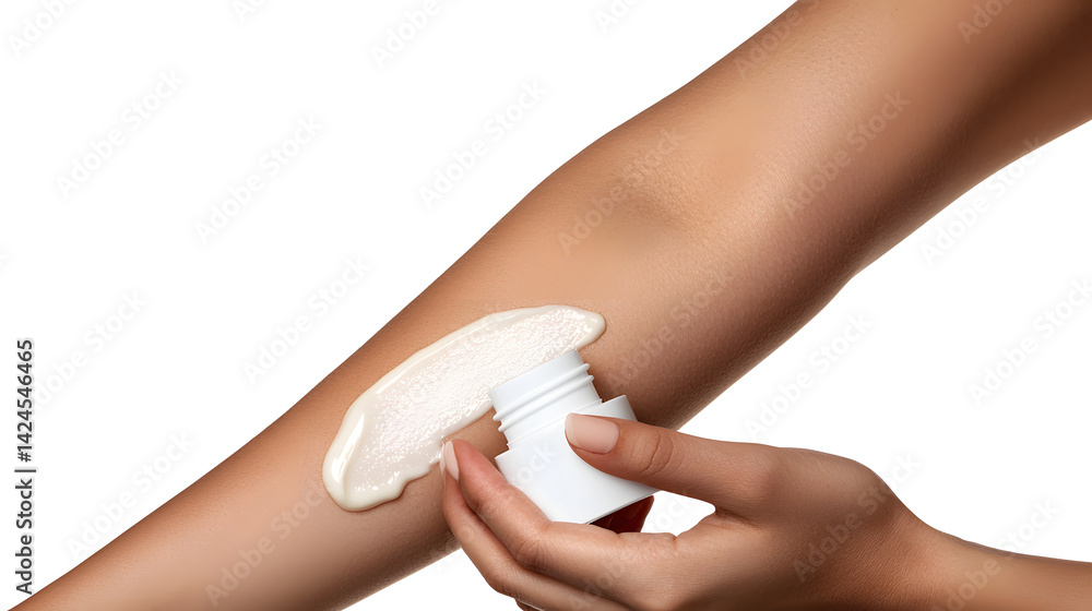 A woman is applying lotion to her arm. Generated using AI. A woman is applying lotion to her arm. Generated using AI.