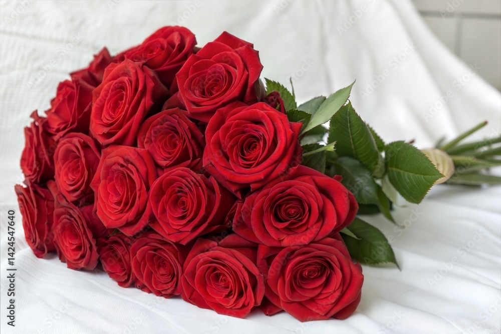 Fototapeta premium Lush Red Roses Bouquet on White Background 