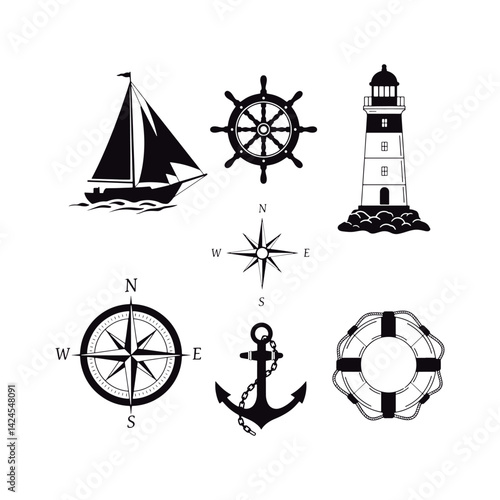 Marine Symbol Collection: Black and White Nautical Elements. Sailboat, Ship Wheel, Lighthouse, Compass, Anchor, Life Saver.
