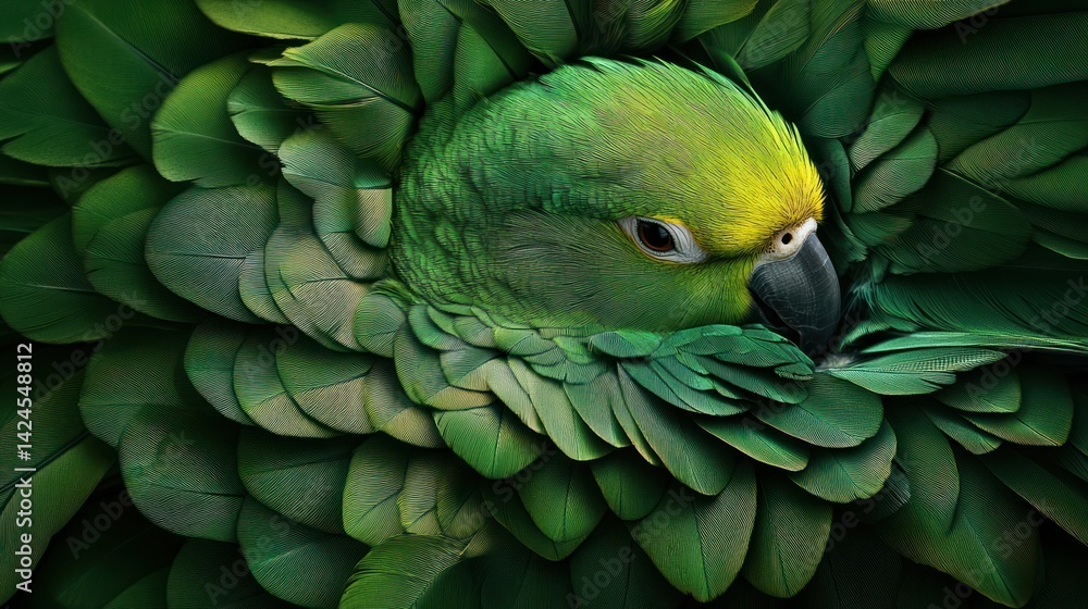 Fototapeta premium Parrot nestled in green feathers