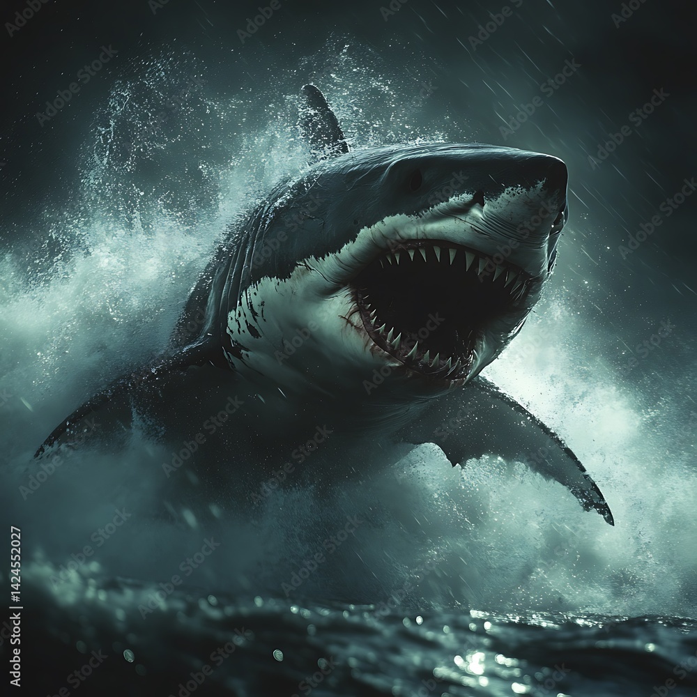 Obraz premium Powerful Shark Surfacing Dark Ocean Against Stunning Sunset Background