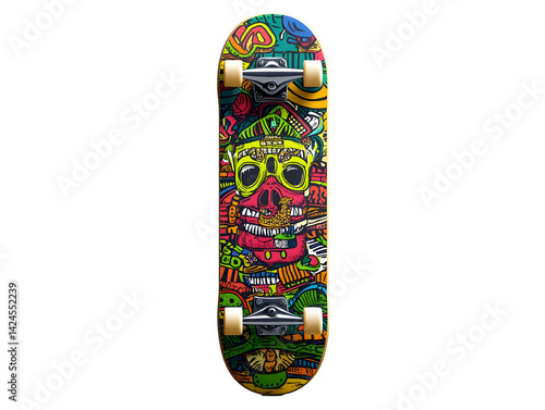 Colorful skateboard with vibrant skull graphic, ready for street action