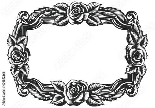 Classic vintage engraving-style floral frame with roses and leaves as an ornamental border design
