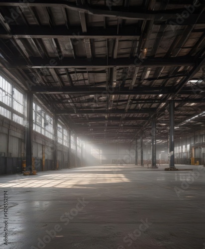 Spacious industrial interior; exposed metal beams and ductwork , industrial style, industrial architecture, open plan