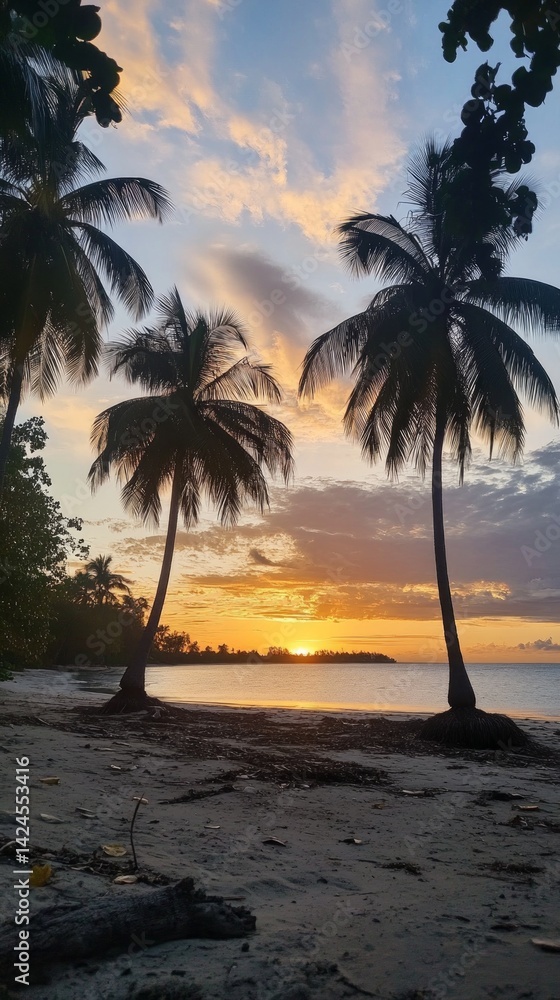Obraz premium Serene Sunset Over Tropical Beach with Tall Palm Trees