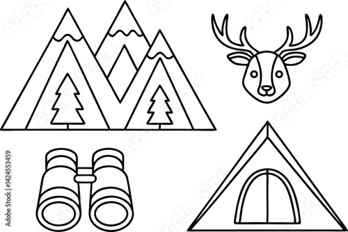Black Outline Mountain Peaks, Binoculars, Camping Tent, and Deer on White