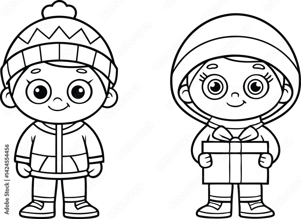 Line Art Two Happy Children in Winter Clothes with Gift, Outline, Isolated