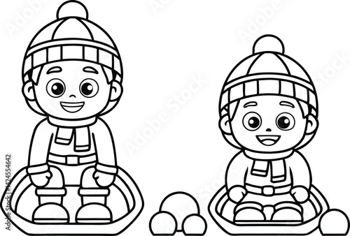 Cartoon Kids Sledding Outline, Smiling Child Wearing Winter Clothes on a Sleigh Ride