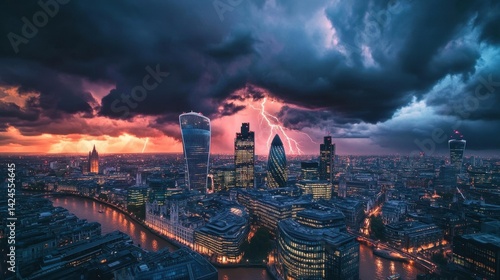 Dramatic London Skyline with Lightning and Stormy Skies at Sunset