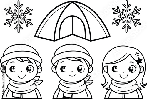 Cartoon Camp Out Tent, Snowflakes, and Children with Hats on Transparent