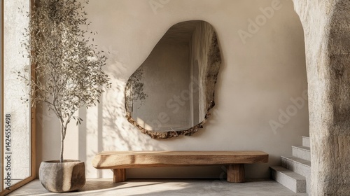Organic shaped asymmetrical mirror with a wooden frame on the wall in front of the bench, wabi sabi interior design