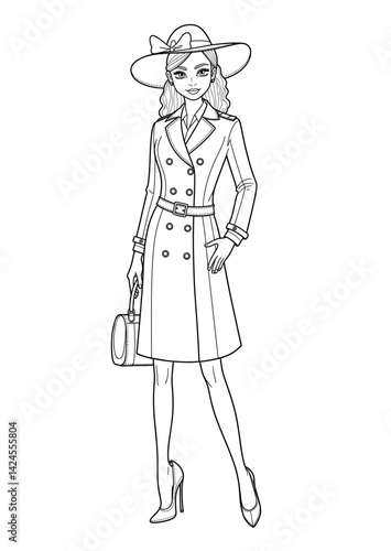Stylish woman posing in elegant outfit with accessories. Coloring on transparent background  
