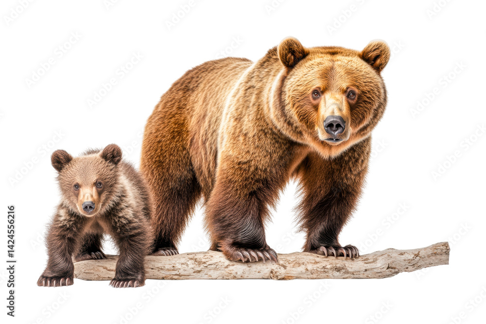 Fototapeta premium Brown bear with cub standing on log in nature, cut out - stock png.