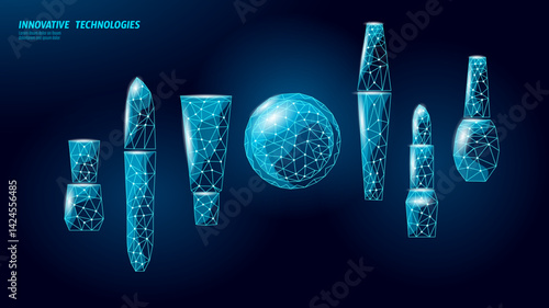 Low poly cosmetic products illustration. Cream, lipstick, nail polish items. For beauty blogs, online stores, skincare advertising. Polygonal style, studio shot, dark blue background