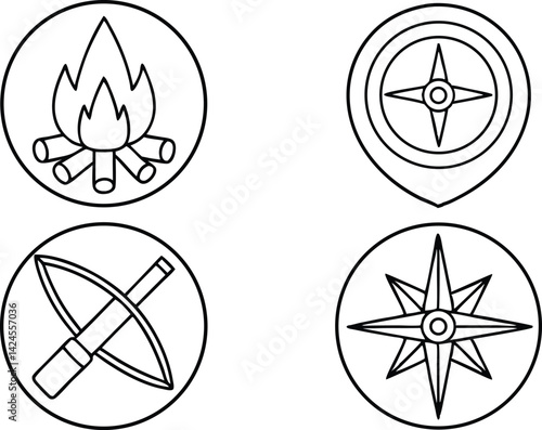 Line Art Icons Bonfire, Compass, Location Pin, and Crossed Knife on Transparent