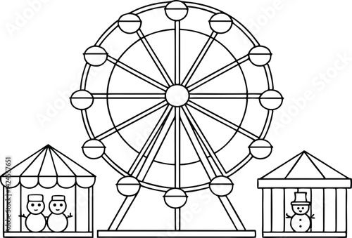Ferris Wheel Black Line with Snowmen Cages Transparent Background