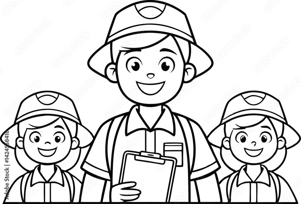 Outlined Cartoon Instructor With Two Children Wearing Hats and Holding Clipboard Outlined Cartoon Instructor With Two Children Wearing Hats and Holding Clipboard