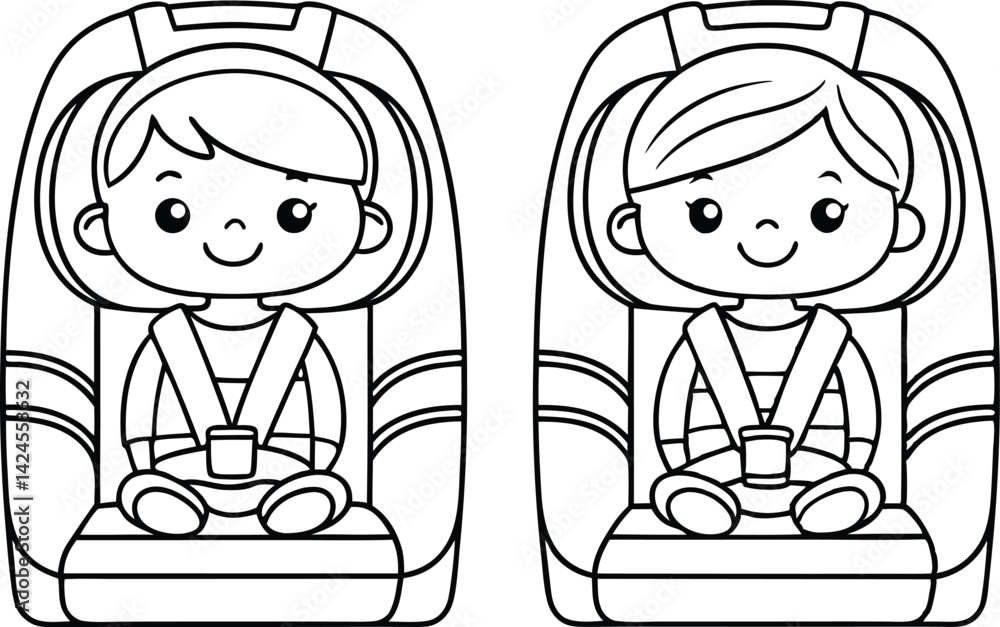 Two Outline Girl Child Drawings Secure in Car Seat Safety with Seatbelts On Two Outline Girl Child Drawings Secure in Car Seat Safety with Seatbelts On