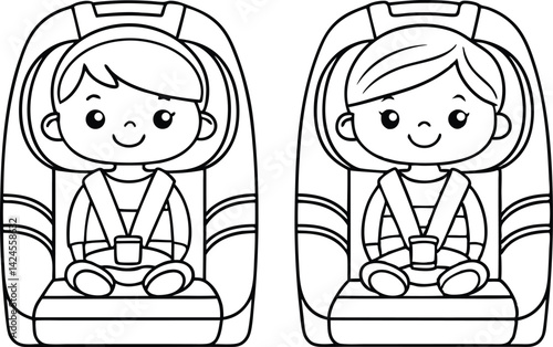 Two Outline Girl Child Drawings Secure in Car Seat Safety with Seatbelts On
