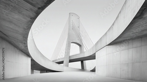 Modern architectural marvel in grayscale. Curved concrete structures frame a bridge, emphasizing design and lines