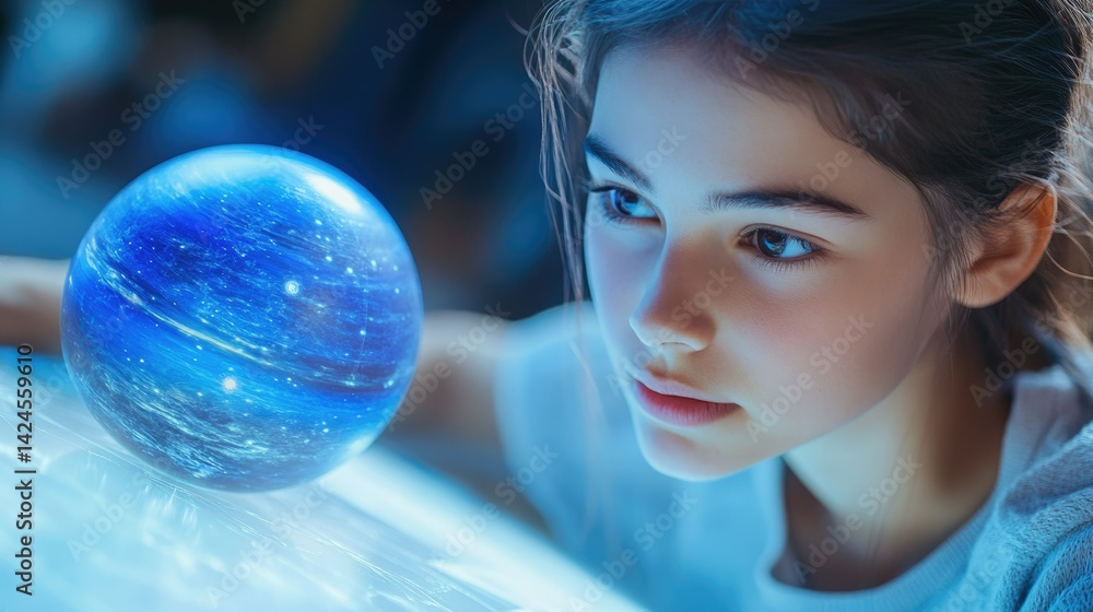 Naklejka premium A girl gazes intently at a luminous blue sphere, possibly representing the cosmos or a futuristic technology.