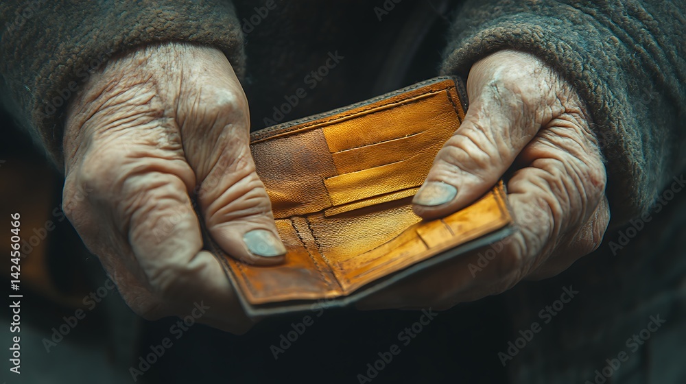 Obraz premium Elderly Hands Holding an Empty Worn-Out Wallet, Close-up of elderly hands holding an empty, worn-out wallet, symbolizing poverty