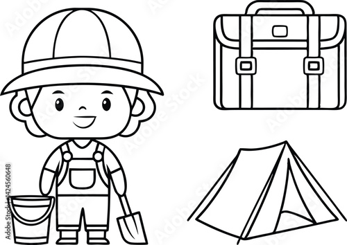 Cartoon Boy Outline Holding Shovel with Bucket, Tent, and Briefcase on White