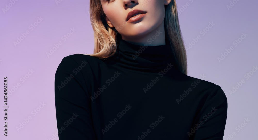 Young caucasian female in black turtleneck with purple gradient background Young caucasian female in black turtleneck with purple gradient background