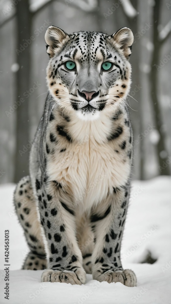 A snow leopard sitting on a snowy surface with a blurred forest in the background, featuring its distinctive spotted coat and striking green eyes. A snow leopard sitting on a snowy surface with a blurred forest in the background, featuring its distinctive spotted coat and striking green eyes.