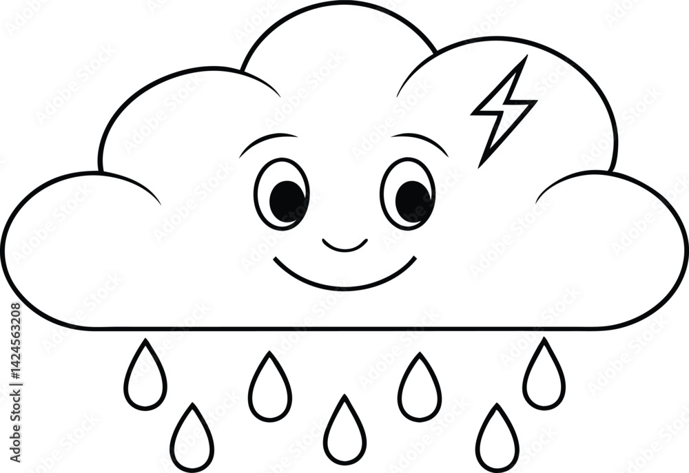 Black Outline Smiling Cloud with Lightning and Raindrops on Transparent Black Outline Smiling Cloud with Lightning and Raindrops on Transparent
