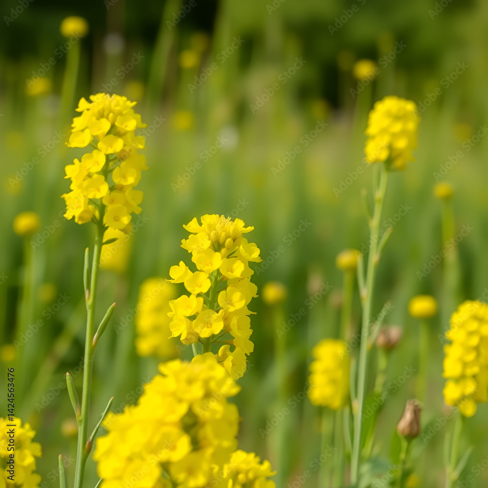 Fototapeta premium Bright yellow oilseed rape flowers blooming in a field, green, countryside