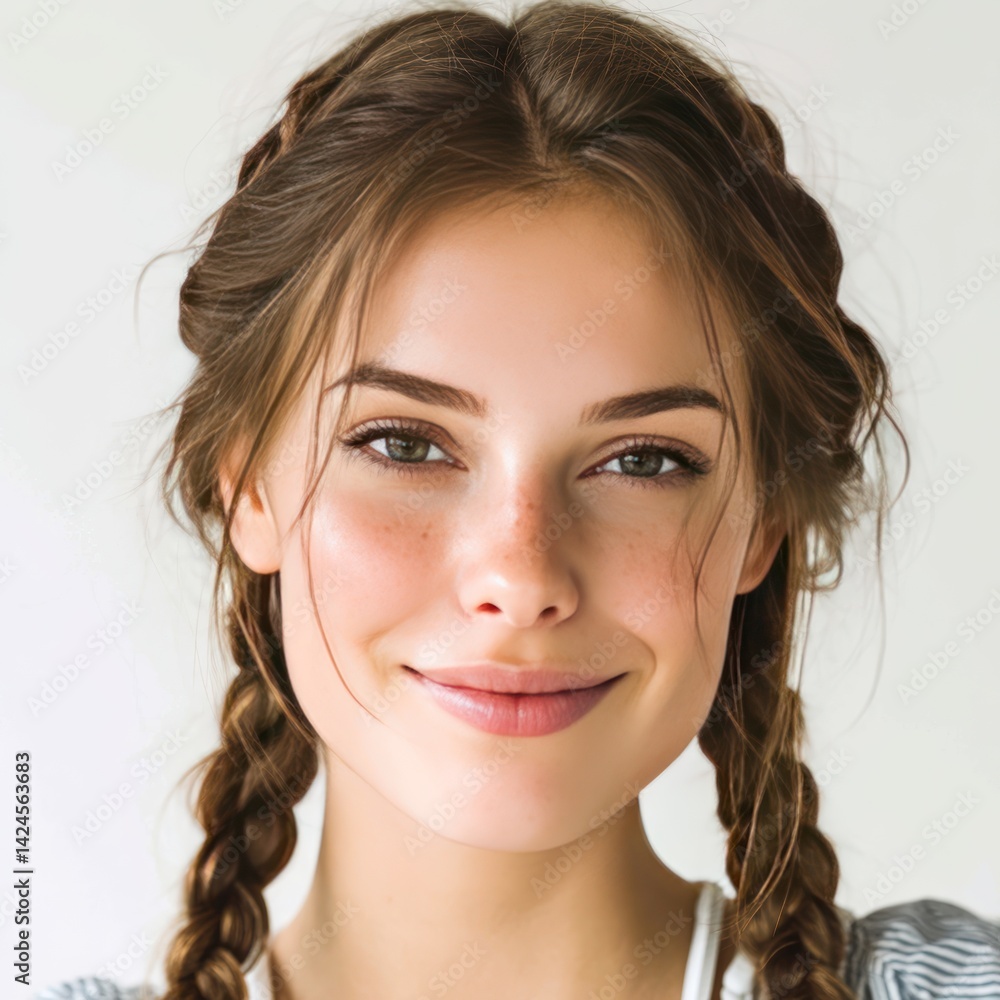 Naklejka premium Youthful woman with symmetrical Dutch braids.