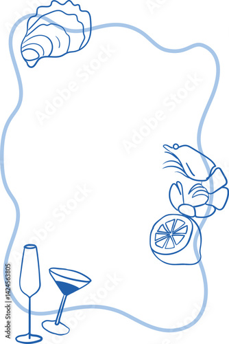 Vector hand-drawn composition with seafood, drinks and lemon in line art style. Card template, perfect for wedding ceremony, party, dinner invitation or restaurant menu