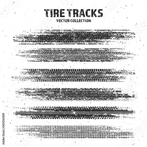 Grunge tire tracks with mud splatters, dirty wheel braking marks. Truck, car, or motorcycle tread pattern silhouettes. Perfect for off-road, motorsport, and racing designs. Vector illustration