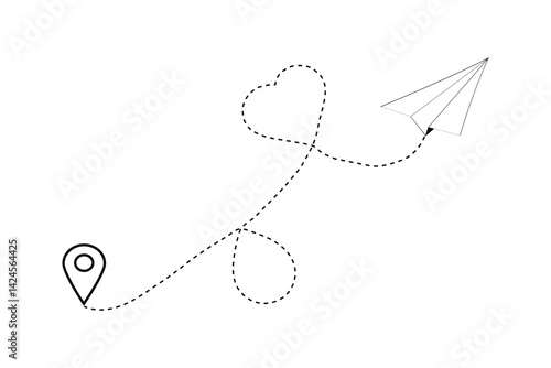 Принти на полотні Airplane flying on a heart-shaped route – transparent vector icon with dotted pa