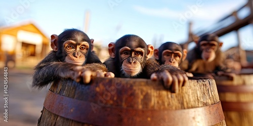 barrel of monkeys - wooden barrel filled with simian primate friends