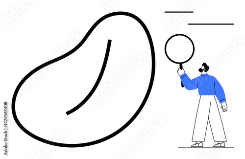 Abstract shape with bold lines and a person holding a magnifying glass. Ideal for research, analysis, exploration, creativity, innovation, discovery, and a simple landing page