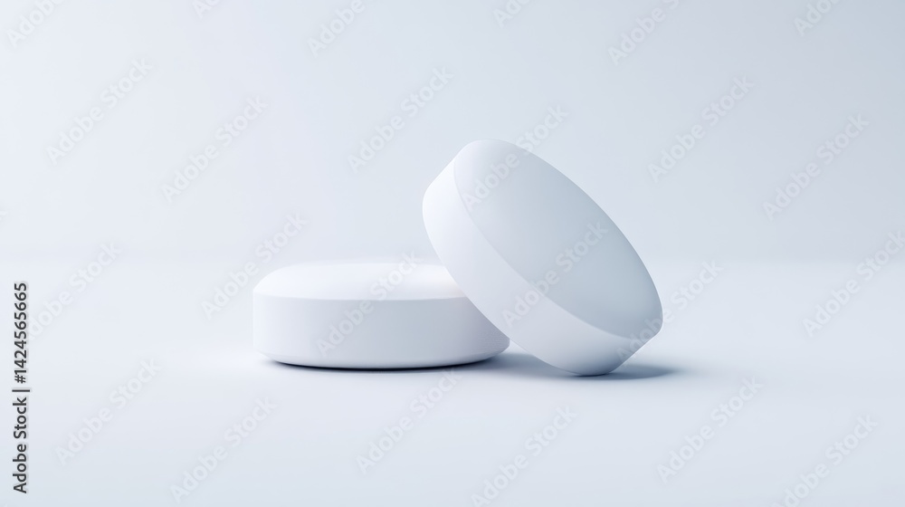 Two white pills on a light gray surface Two white pills on a light gray surface