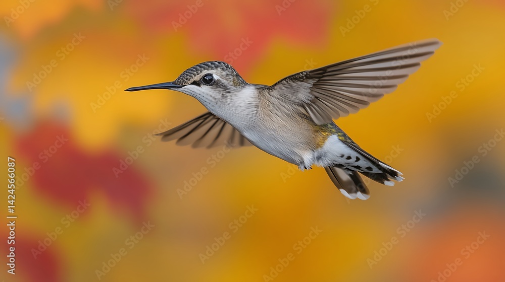 Fototapeta premium Hummingbird in flight, autumn leaves background