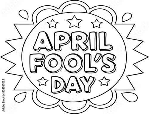 April Fools Day Round Badge Outlined Text with Sun Rays and Star Elements