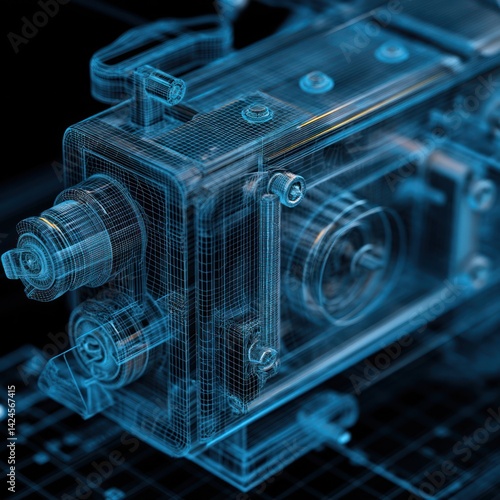Detailed 3d wireframe model of a complex machine component.