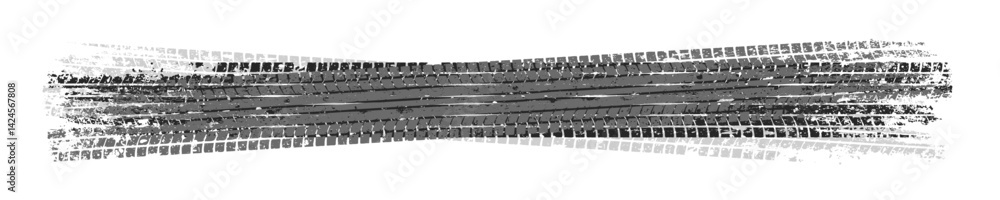 Fototapeta premium Grunge tire tracks with mud splatters, dirty wheel braking marks. Truck, car, or motorcycle tread pattern silhouettes. Perfect for off-road, motorsport, and racing designs. Vector illustration